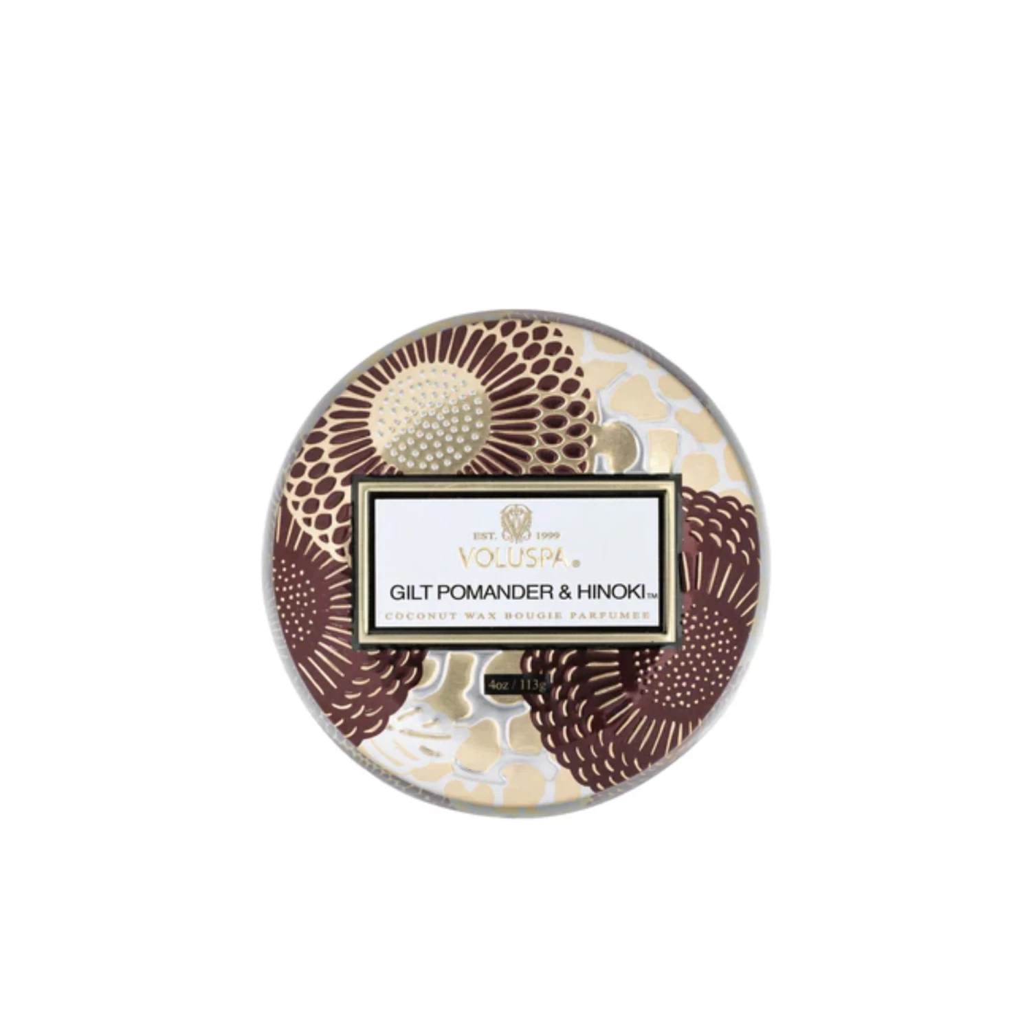 Voluspa Gilt Pomander & Hinoki Mini Tin Candle 113g - Lore Perfumery 4 Voluspa Gilt Pomander & Hinoki Mini Tin Candle 113g - Lore Perfumery - Image 2